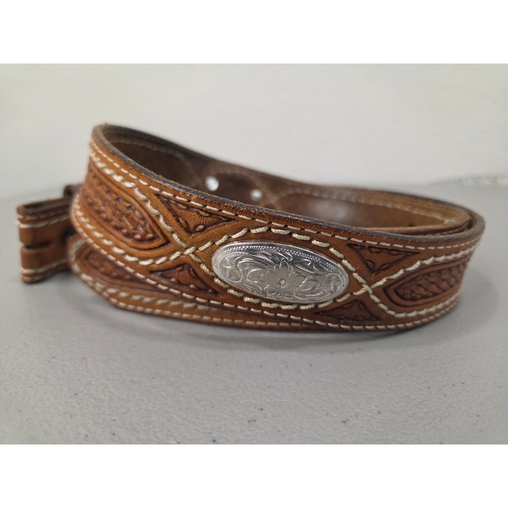 Tony Lama USA Brown Leather Tooled Belt 32 Silver Concho Rodeo Remove Buckle